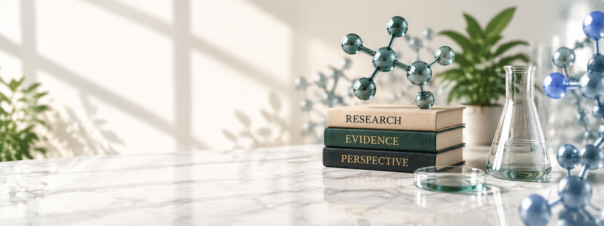Stacked research books and laboratory glassware behind the references and sources page.